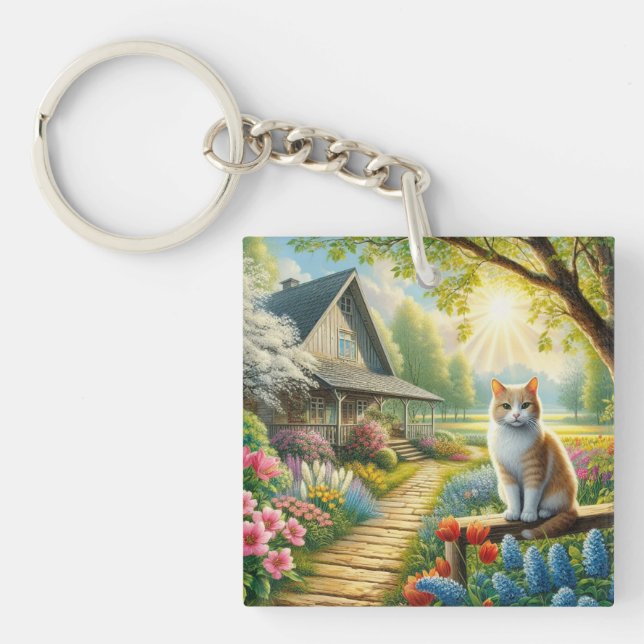 Spring cottage/garden & cat keychain (Front)