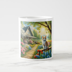 Spring cottage/garden & cat large coffee mug