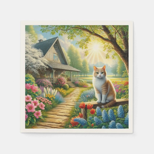 Spring cottage/garden & cat napkin (Front)