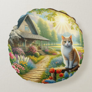 Spring cottage/garden & cat round pillow