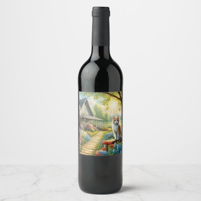 Spring cottage/garden & cat wine label (Front)
