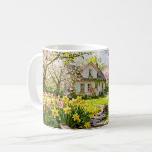 Spring Cottage with Bees, Hedgehog and Blossoming  Coffee Mug