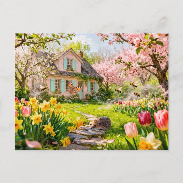 Spring Cottage with Bees, Hedgehog and Blossoming  Postcard (Front)