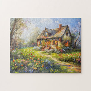 Spring Cottage with tulips Wildflower Meadow Jigsaw Puzzle