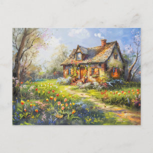 Spring Cottage with tulips Wildflower Meadow Postcard