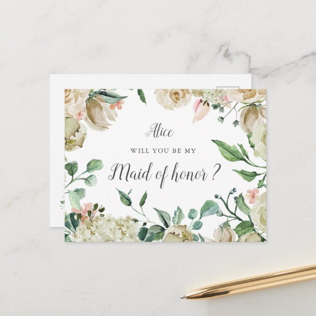 Spring Cream Garden Floral Maid Of Honour Postcard (Front/Back In Situ)