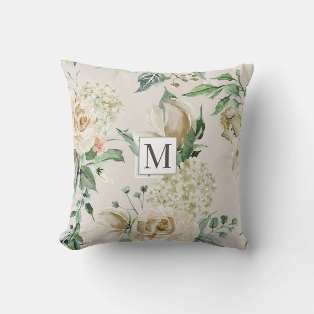 spring cream garden floral Monogram Throw Pillow (Front)