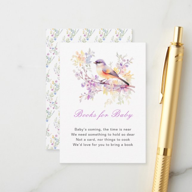 Spring Cute Bird Baby Shower Books For Baby Enclosure Card (Front/Back In Situ)