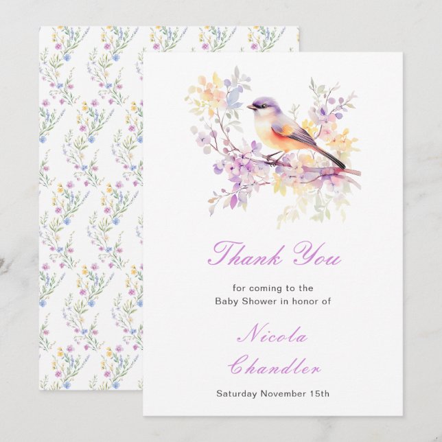 Spring Cute Bird Baby Shower Thank You Card (Front/Back)