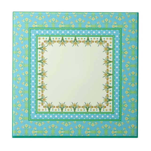 Spring Daffodil Border and Polka Dots Ceramic Tile (Front)