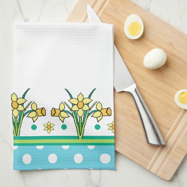 Spring Daffodil Border, Polka Dots Kitchen Towel (Quarter Fold)