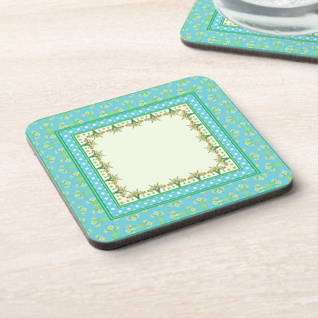 Spring Daffodil Border, Polka Dots Square Coasters (Left Side)