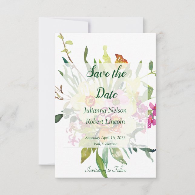 Spring daffodil bouquet save the date invitation (Front)