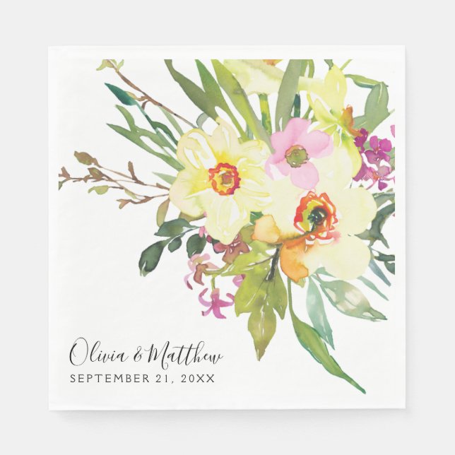 Spring Daffodil Bouquet Yellow Floral Wedding Napkin (Front)