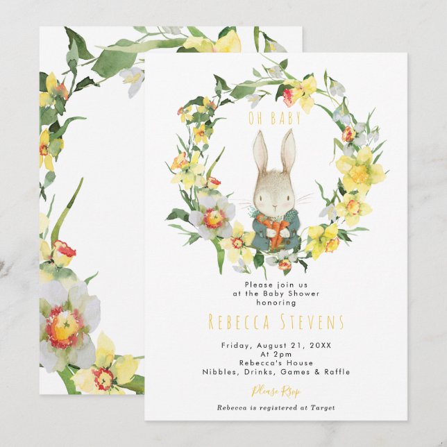 spring daffodil bunny baby shower invitation (Front/Back)