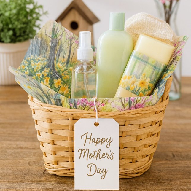 Spring Daffodil Meadow Watercolor Tissue Paper (Line gift baskets with spring floral tissue paper perfect for Mother's Day and seasonal charm.)