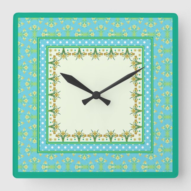 Spring Daffodils Border and Polka Dots Wall Clock (Front)