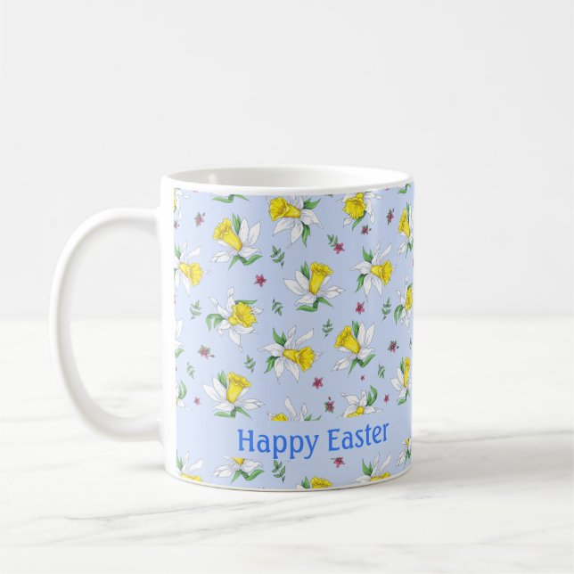 Spring Daffodils on Light Blue Happy Easter  Coffee Mug (Left)