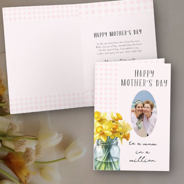 Spring Daffodils Vertical Photo Pink Mother's Day Holiday Card (Mother's Day card with photo, daffodils and editable wording for a very special mum)