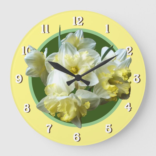 Spring Daffodils White Yellow Narcissus Flowers Large Clock (Front)