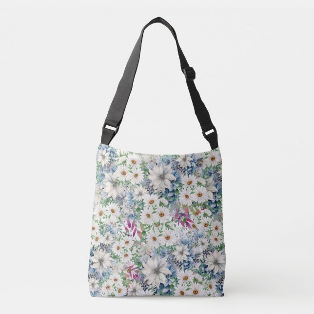 Spring Daisies & Blue Floral Pattern Crossbody Bag (Front)