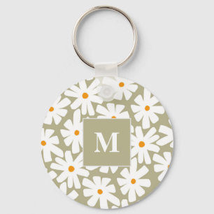 Spring daisies floral retro pattern sage green  keychain