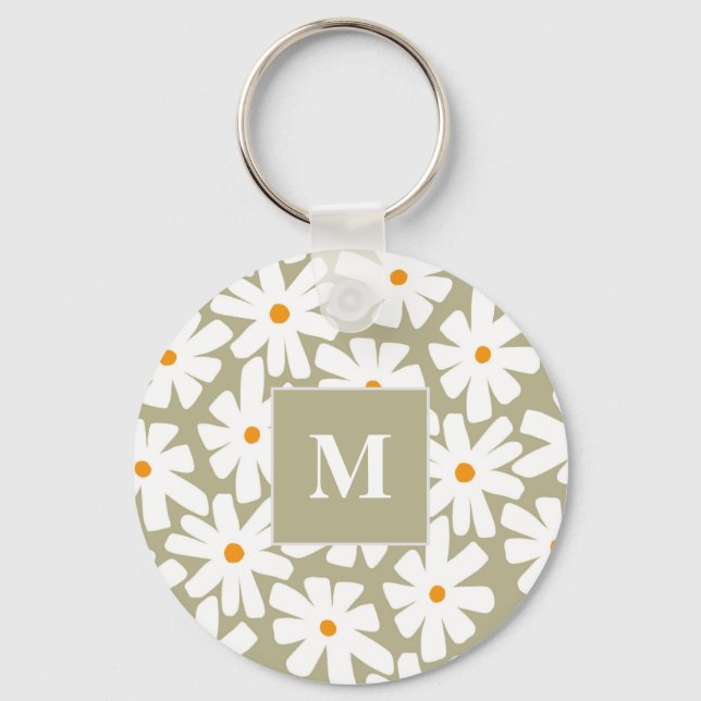 Spring daisies floral retro pattern sage green  keychain (Front)