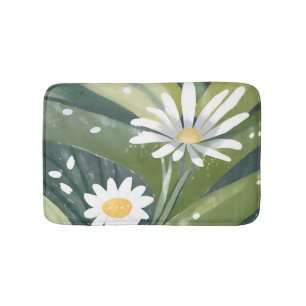 Spring Daisies   Watercolor White Floral Garden Bath Mat