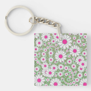 Spring Daisies White Pink Green Keychain