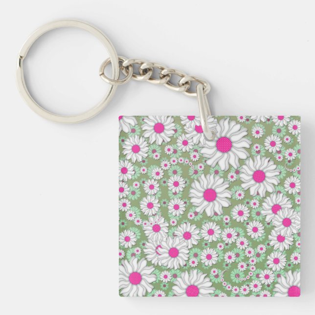 Spring Daisies White Pink Green Keychain (Front)