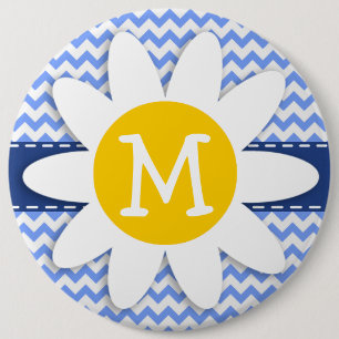 Spring Daisy; Blue Chevron Pattern 6 Inch Round Button