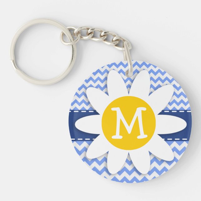 Spring Daisy; Blue Chevron Pattern Keychain (Front)