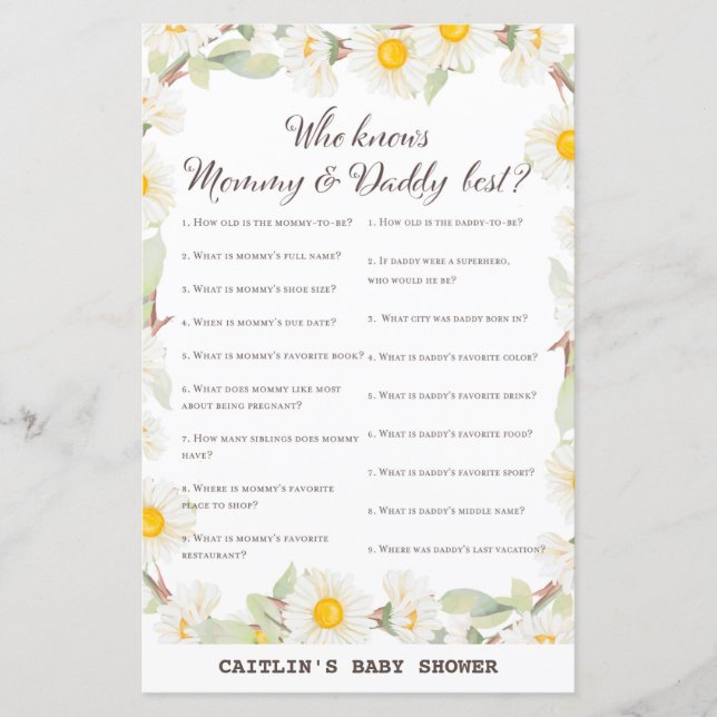 Spring Daisy Flower Baby Shower Game (Front)