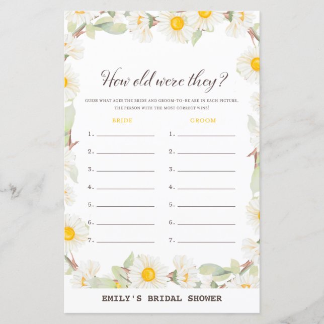 Spring Daisy Flower Bridal Shower Game PRINTED (Front)