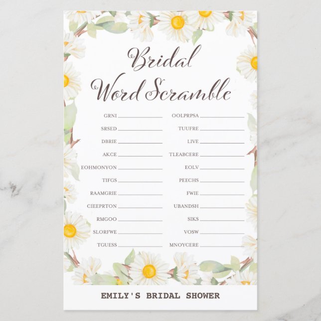 Spring Daisy Flower Bridal Shower Game PRINTED (Front)