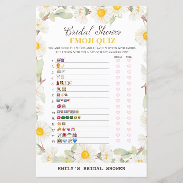 Spring Daisy Flower Bridal Shower Game PRINTED (Front)