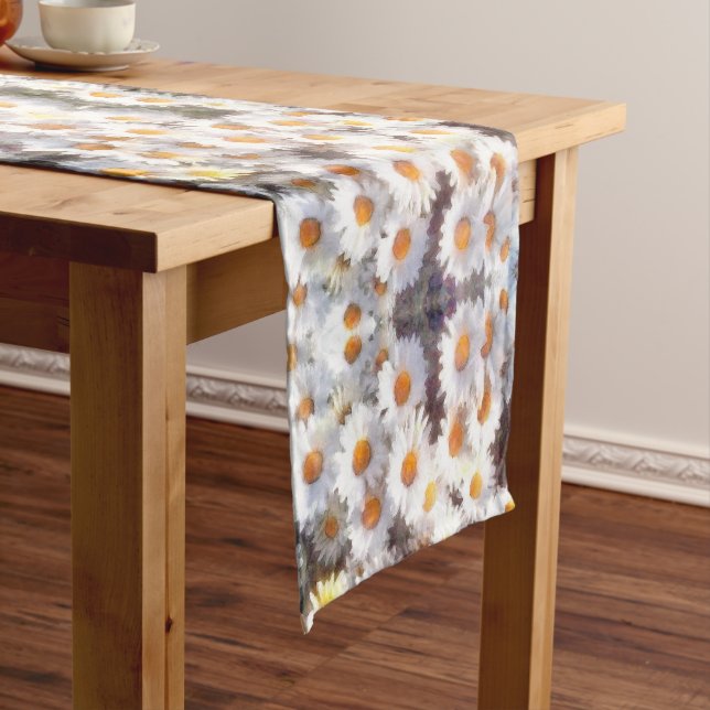 Spring Daisy Wildflower Watercolor Short Table Runner (In Situ)