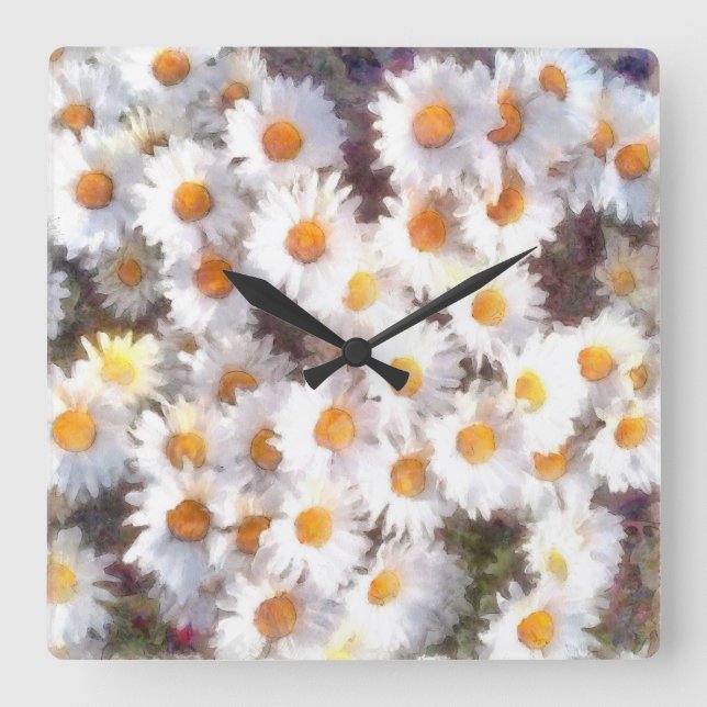 Spring Daisy Wildflower Watercolor Square Wall Clock (Front)