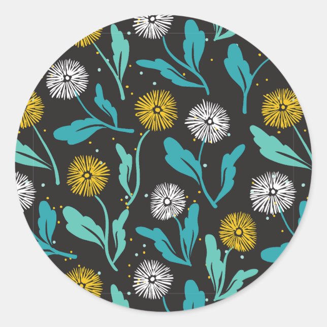 Spring Dandelion Flowers and Leaves Design Classic Round Sticker (Front)