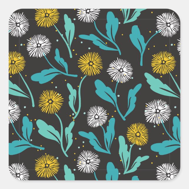 Spring Dandelion Flowers and Leaves Design Square Sticker (Front)