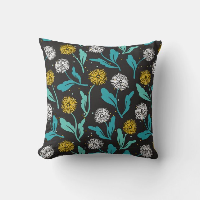 Spring Dandelion Flowers and Leaves Design Throw Pillow (Front)