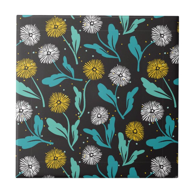 Spring Dandelion Flowers and Leaves Design Tile (Front)