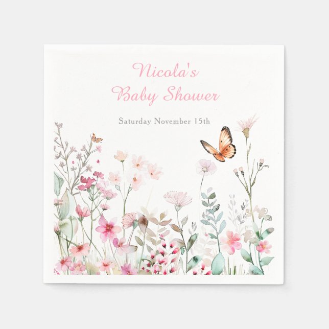 Spring Deep Pink Butterfly Floral Baby Shower Napkin (Front)