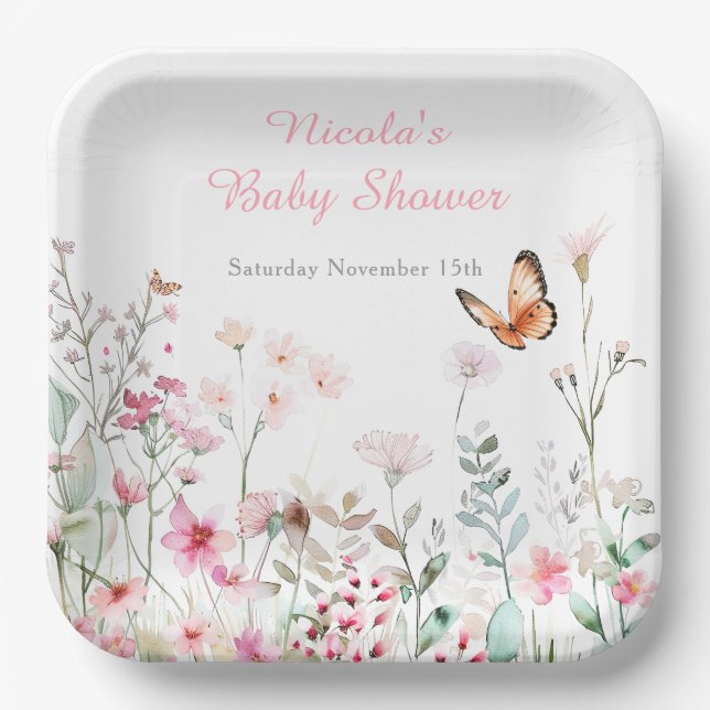 Spring Deep Pink Butterfly Floral Baby Shower Paper Plate (Front)