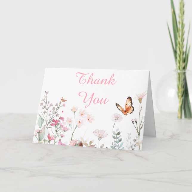 Spring Deep Pink Butterfly Floral Baby Shower Thank You Card (Front)
