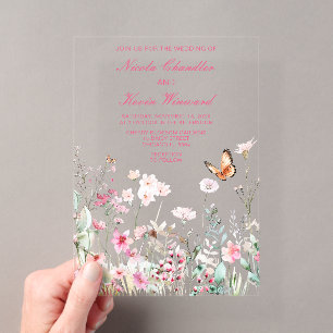Spring Deep Pink Butterfly Floral Wedding Acrylic Invitations