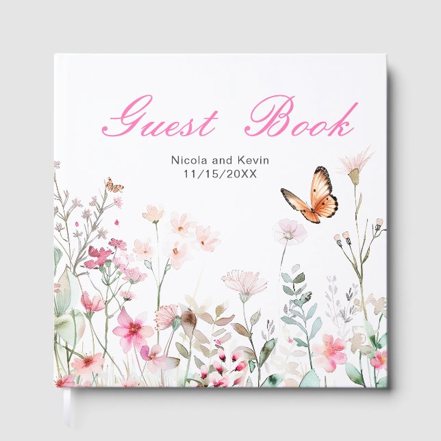 Spring Deep Pink Butterfly Floral Wedding Guest Book (Front)