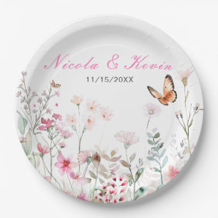 Spring Deep Pink Butterfly Floral Wedding Paper Plate