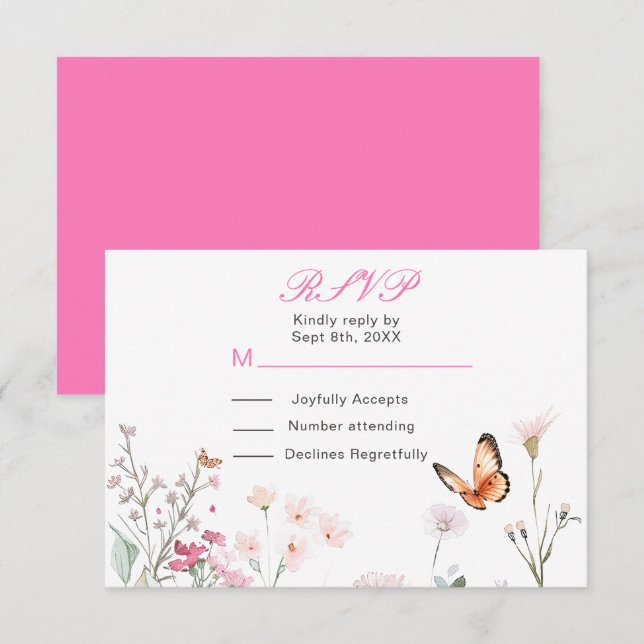 Spring Deep Pink Butterfly Floral Wedding RSVP Card (Front/Back)