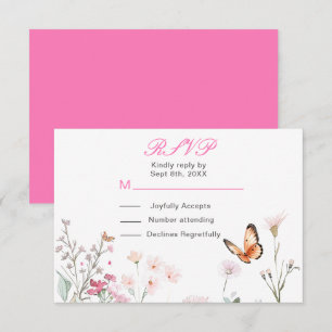 Spring Deep Pink Butterfly Floral Wedding RSVP Card